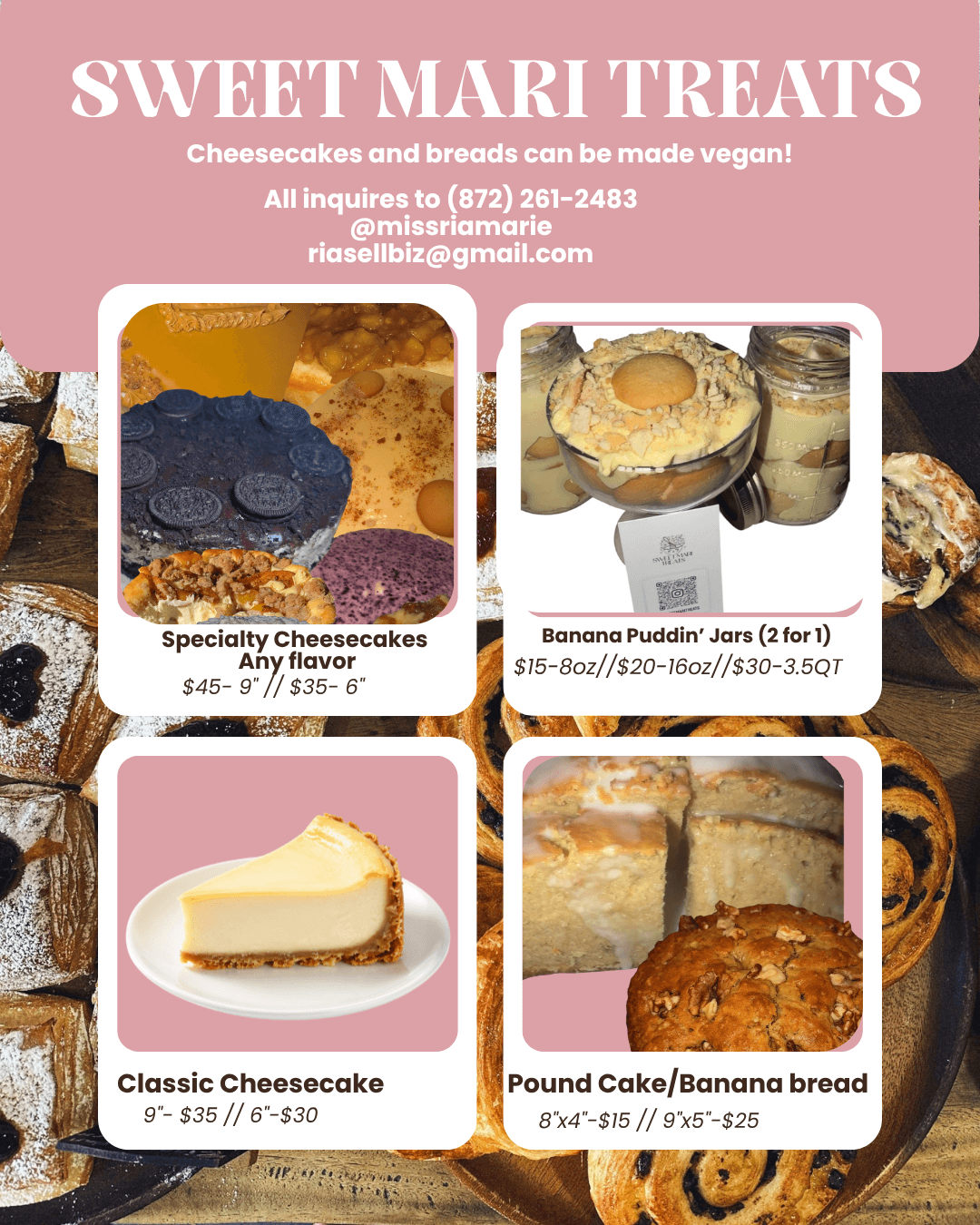 Sweet Mari Treats menu featuring cheesecakes, banana pudding jars, pound cake, and banana bread